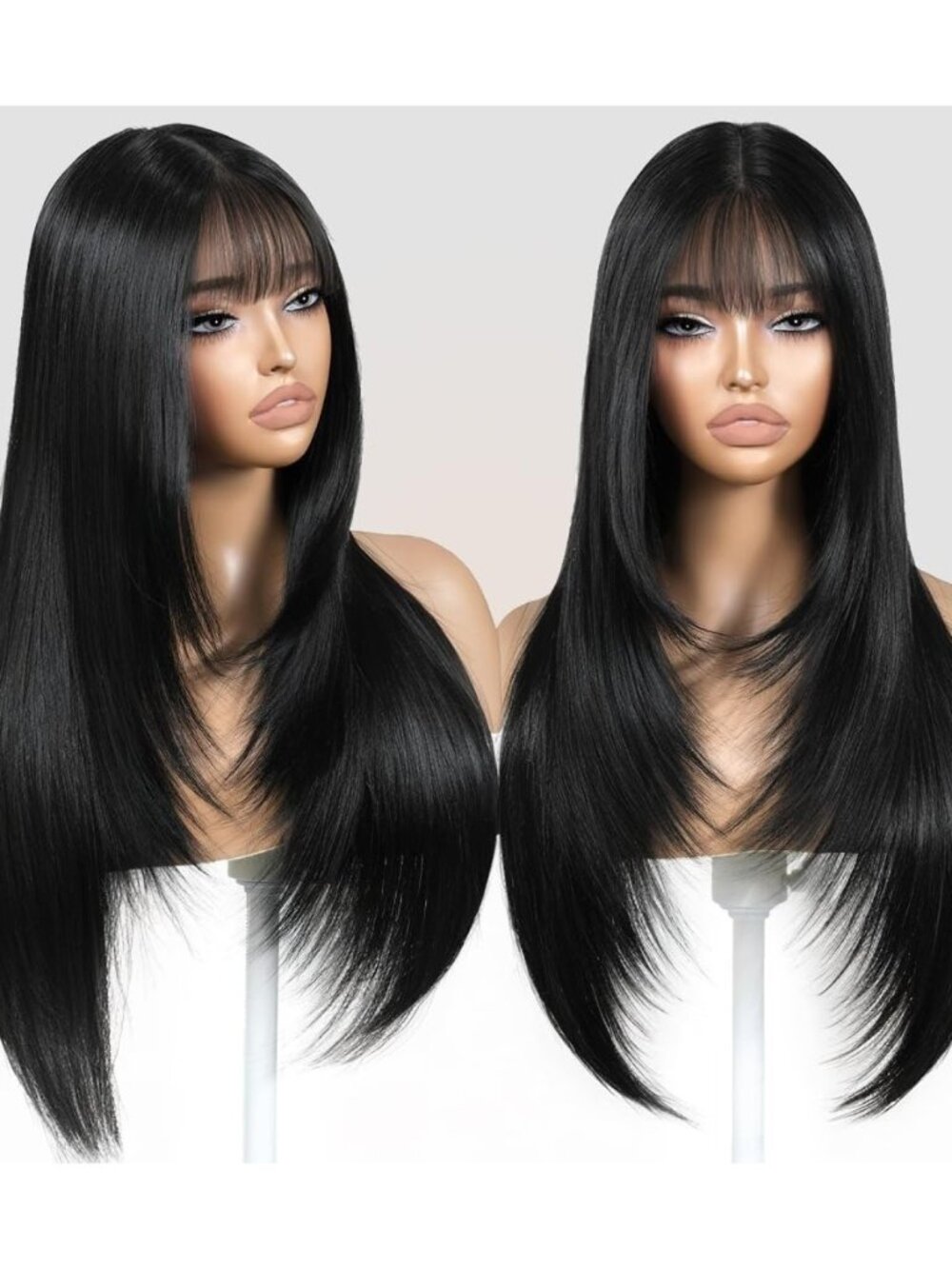 Long Black Wig with Bangs for Women Straight Layered Wigs